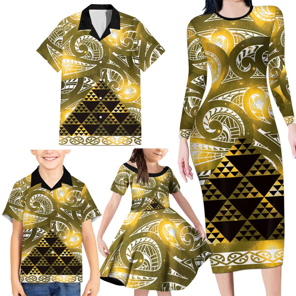 Matariki New Zealand Family Matching Long Sleeve Bodycon Dress and Hawaiian Shirt NZ Niho Taniwha Maori New Year Yellow Galaxy LT14 - Polynesian Pride