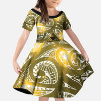 Matariki New Zealand Family Matching Off Shoulder Maxi Dress and Hawaiian Shirt NZ Niho Taniwha Maori New Year Yellow Galaxy LT14 Daughter's Dress Yellow - Polynesian Pride