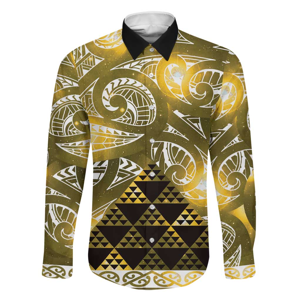 Matariki New Zealand Family Matching Off Shoulder Maxi Dress and Hawaiian Shirt NZ Niho Taniwha Maori New Year Yellow Galaxy LT14 Dad's Shirt - Long Sleeve Yellow - Polynesian Pride