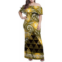 Matariki New Zealand Family Matching Off Shoulder Maxi Dress and Hawaiian Shirt NZ Niho Taniwha Maori New Year Yellow Galaxy LT14 Mom's Dress Yellow - Polynesian Pride