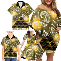 Matariki New Zealand Family Matching Off Shoulder Short Dress and Hawaiian Shirt NZ Niho Taniwha Maori New Year Yellow Galaxy LT14 - Polynesian Pride