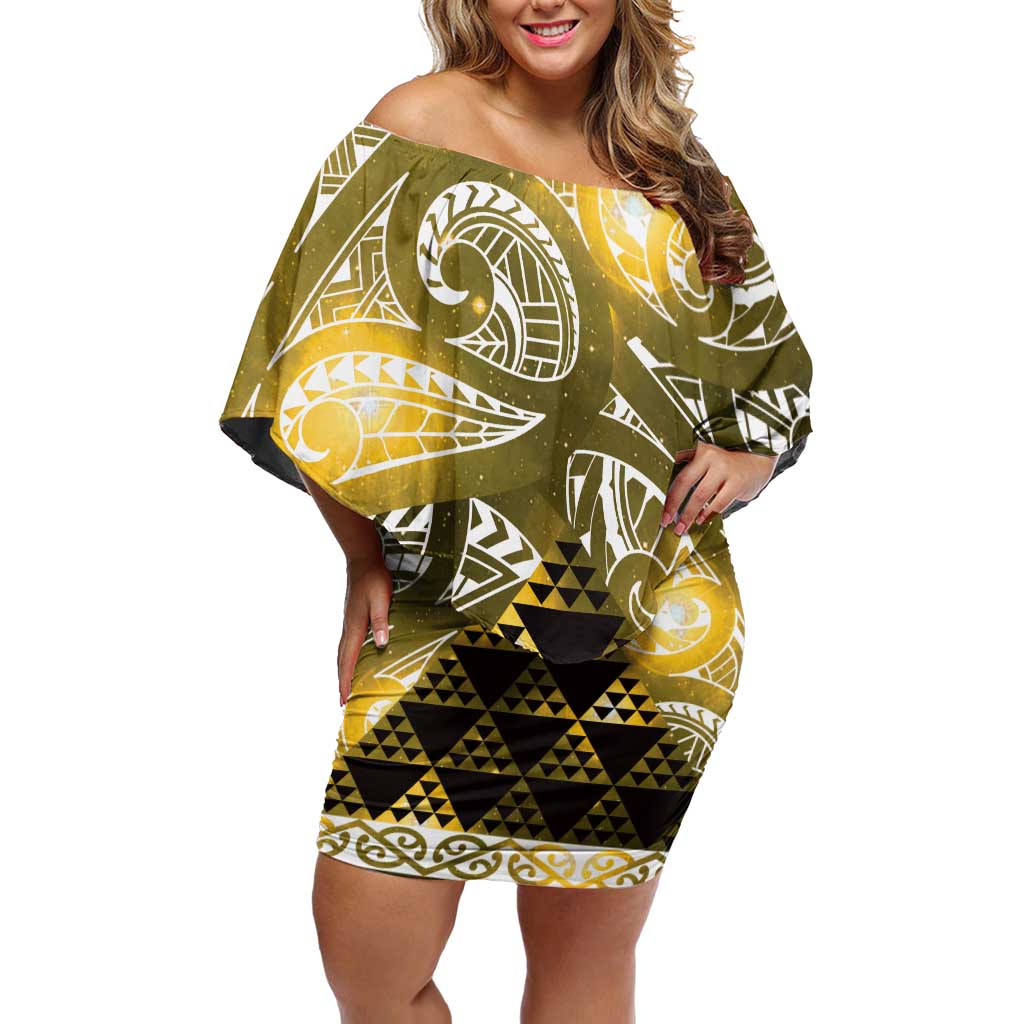 Matariki New Zealand Family Matching Off Shoulder Short Dress and Hawaiian Shirt NZ Niho Taniwha Maori New Year Yellow Galaxy LT14 Mom's Dress Yellow - Polynesian Pride