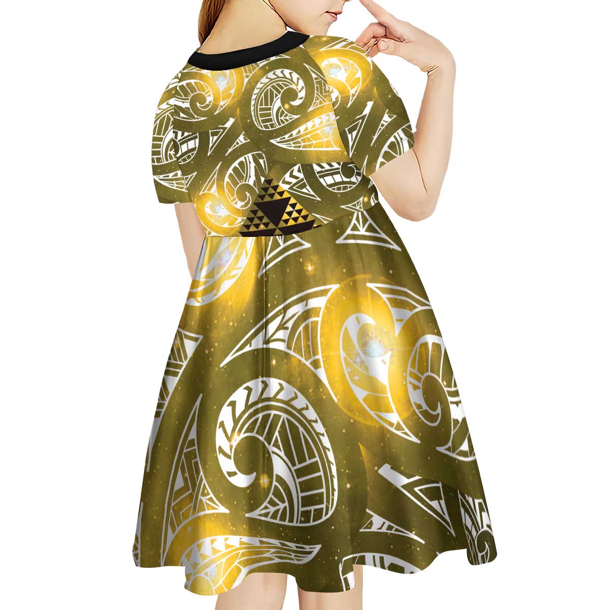 Matariki New Zealand Kid Short Sleeve Dress NZ Niho Taniwha Maori New Year Yellow Galaxy LT14 - Polynesian Pride