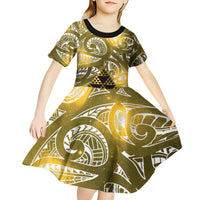Matariki New Zealand Kid Short Sleeve Dress NZ Niho Taniwha Maori New Year Yellow Galaxy LT14 - Polynesian Pride