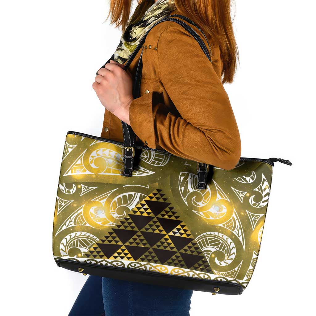 Matariki New Zealand Leather Tote Bag NZ Niho Taniwha Maori New Year Yellow Galaxy LT14 Yellow - Polynesian Pride