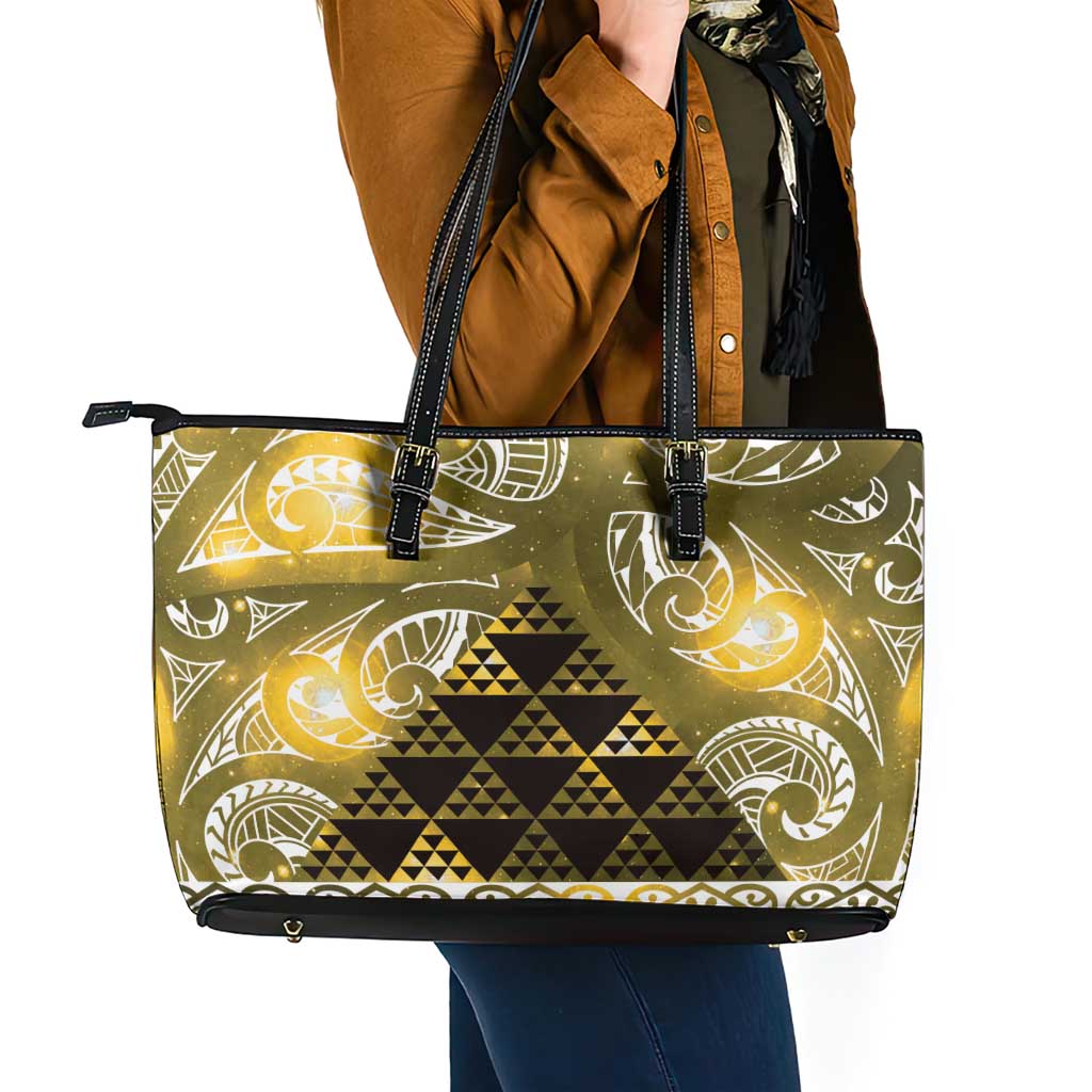Matariki New Zealand Leather Tote Bag NZ Niho Taniwha Maori New Year Yellow Galaxy LT14 - Polynesian Pride