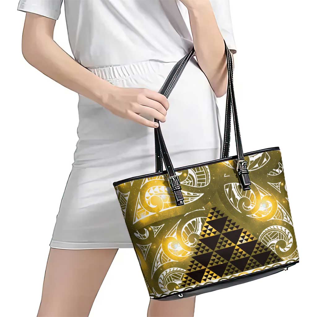 Matariki New Zealand Leather Tote Bag NZ Niho Taniwha Maori New Year Yellow Galaxy LT14 - Polynesian Pride