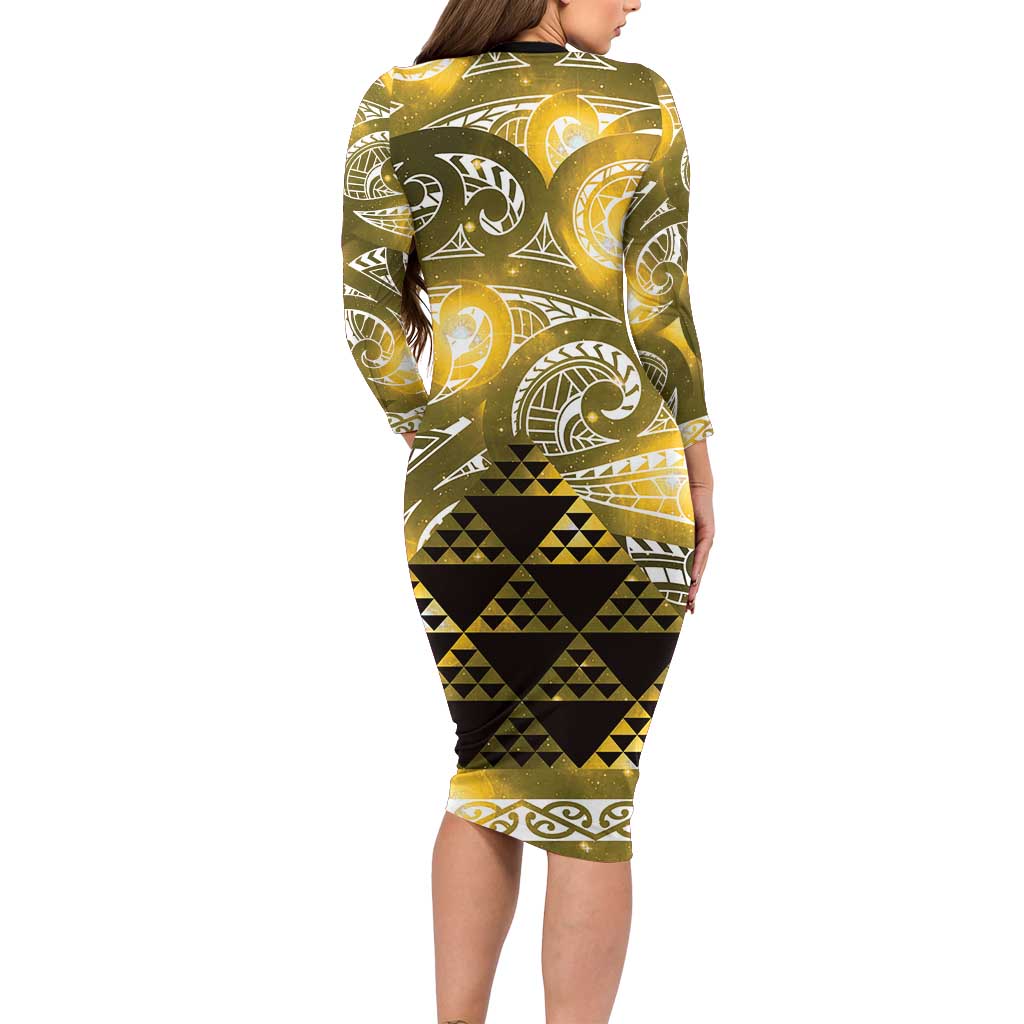 Matariki New Zealand Long Sleeve Bodycon Dress NZ Niho Taniwha Maori New Year Yellow Galaxy LT14 - Polynesian Pride