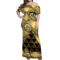 Matariki New Zealand Off Shoulder Maxi Dress NZ Niho Taniwha Maori New Year Yellow Galaxy