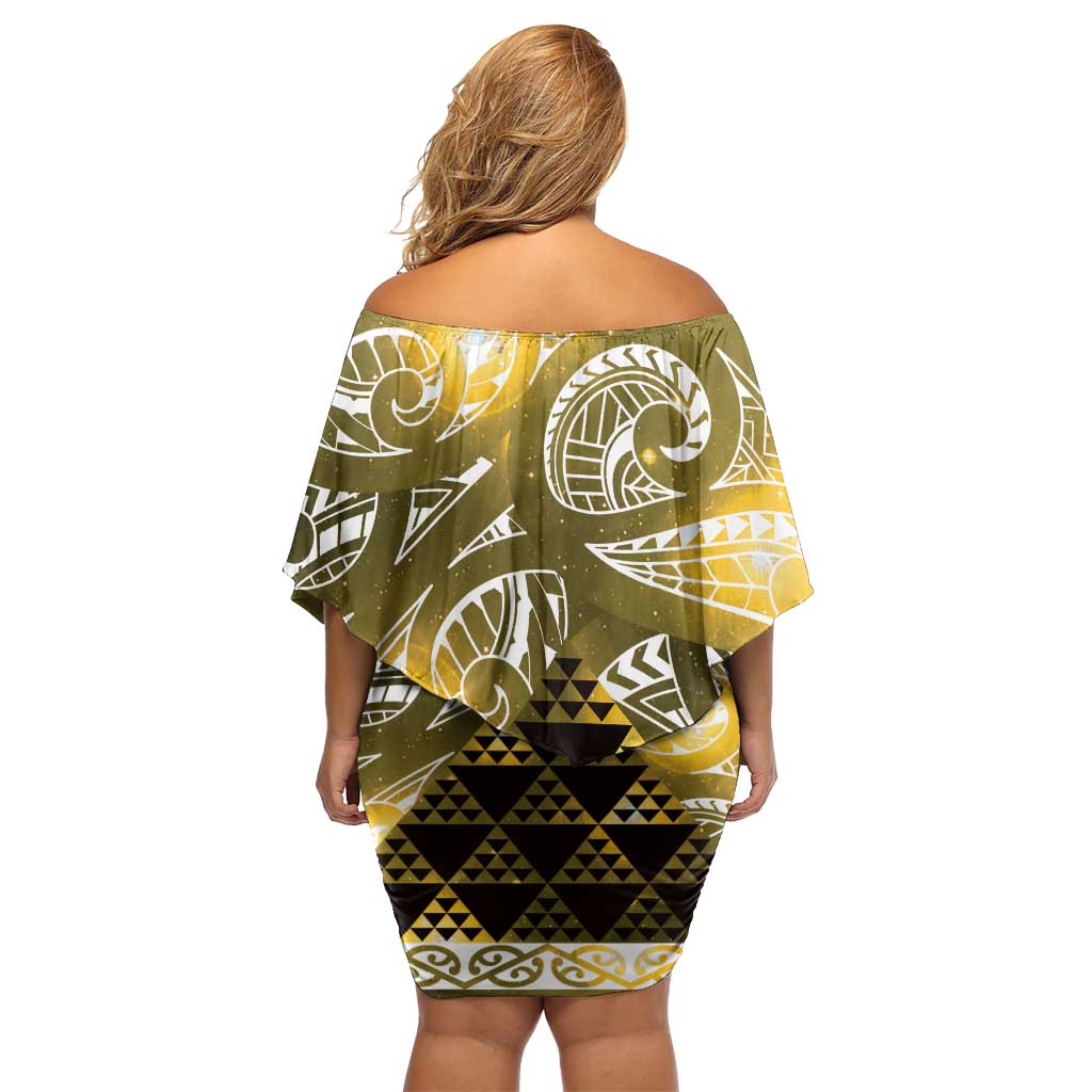 Matariki New Zealand Off Shoulder Short Dress NZ Niho Taniwha Maori New Year Yellow Galaxy LT14 - Polynesian Pride