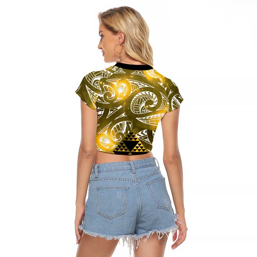 Matariki New Zealand Raglan Cropped T Shirt NZ Niho Taniwha Maori New Year Yellow Galaxy LT14 - Polynesian Pride