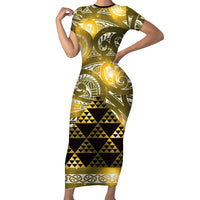 Matariki New Zealand Short Sleeve Bodycon Dress NZ Niho Taniwha Maori New Year Yellow Galaxy LT14 Long Dress Yellow - Polynesian Pride