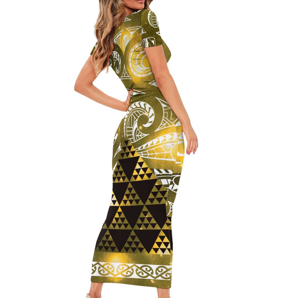 Matariki New Zealand Short Sleeve Bodycon Dress NZ Niho Taniwha Maori New Year Yellow Galaxy LT14 - Polynesian Pride