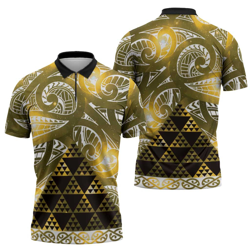 Matariki New Zealand Zipper Polo Shirt NZ Niho Taniwha Maori New Year Yellow Galaxy LT14 - Polynesian Pride