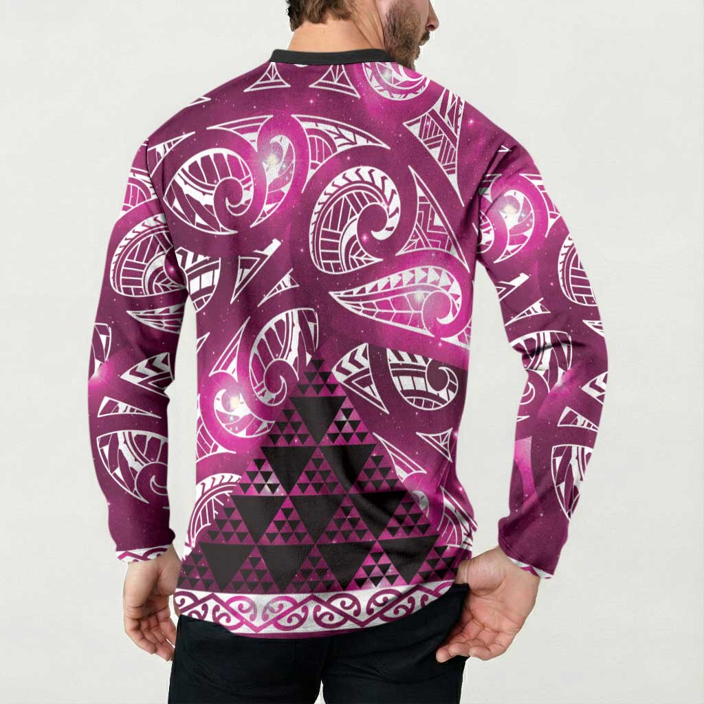 Matariki New Zealand Button Sweatshirt NZ Niho Taniwha Maori New Year Pink Galaxy