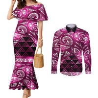 Matariki New Zealand Couples Matching Mermaid Dress and Long Sleeve Button Shirt NZ Niho Taniwha Maori New Year Pink Galaxy