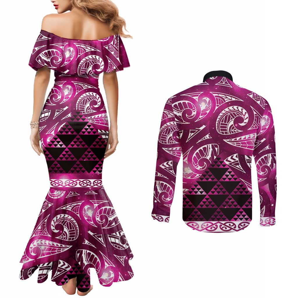 Matariki New Zealand Couples Matching Mermaid Dress and Long Sleeve Button Shirt NZ Niho Taniwha Maori New Year Pink Galaxy