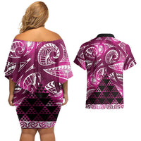 Matariki New Zealand Couples Matching Off Shoulder Short Dress and Hawaiian Shirt NZ Niho Taniwha Maori New Year Pink Galaxy