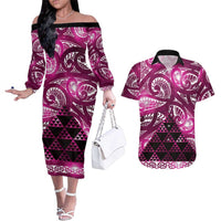 Matariki New Zealand Couples Matching Off The Shoulder Long Sleeve Dress and Hawaiian Shirt NZ Niho Taniwha Maori New Year Pink Galaxy LT14 Pink - Polynesian Pride