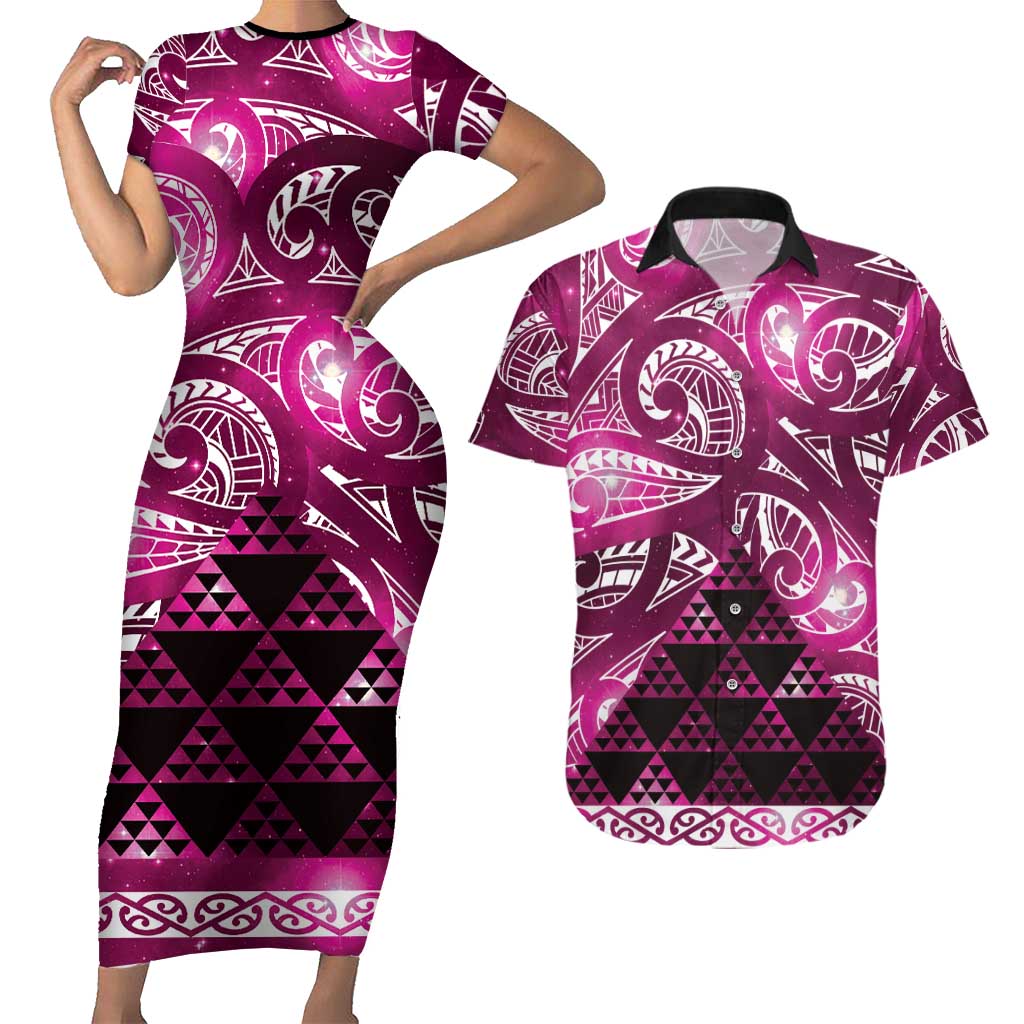 Matariki New Zealand Couples Matching Short Sleeve Bodycon Dress and Hawaiian Shirt NZ Niho Taniwha Maori New Year Pink Galaxy LT14 Pink - Polynesian Pride