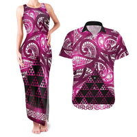Matariki New Zealand Couples Matching Tank Maxi Dress and Hawaiian Shirt NZ Niho Taniwha Maori New Year Pink Galaxy