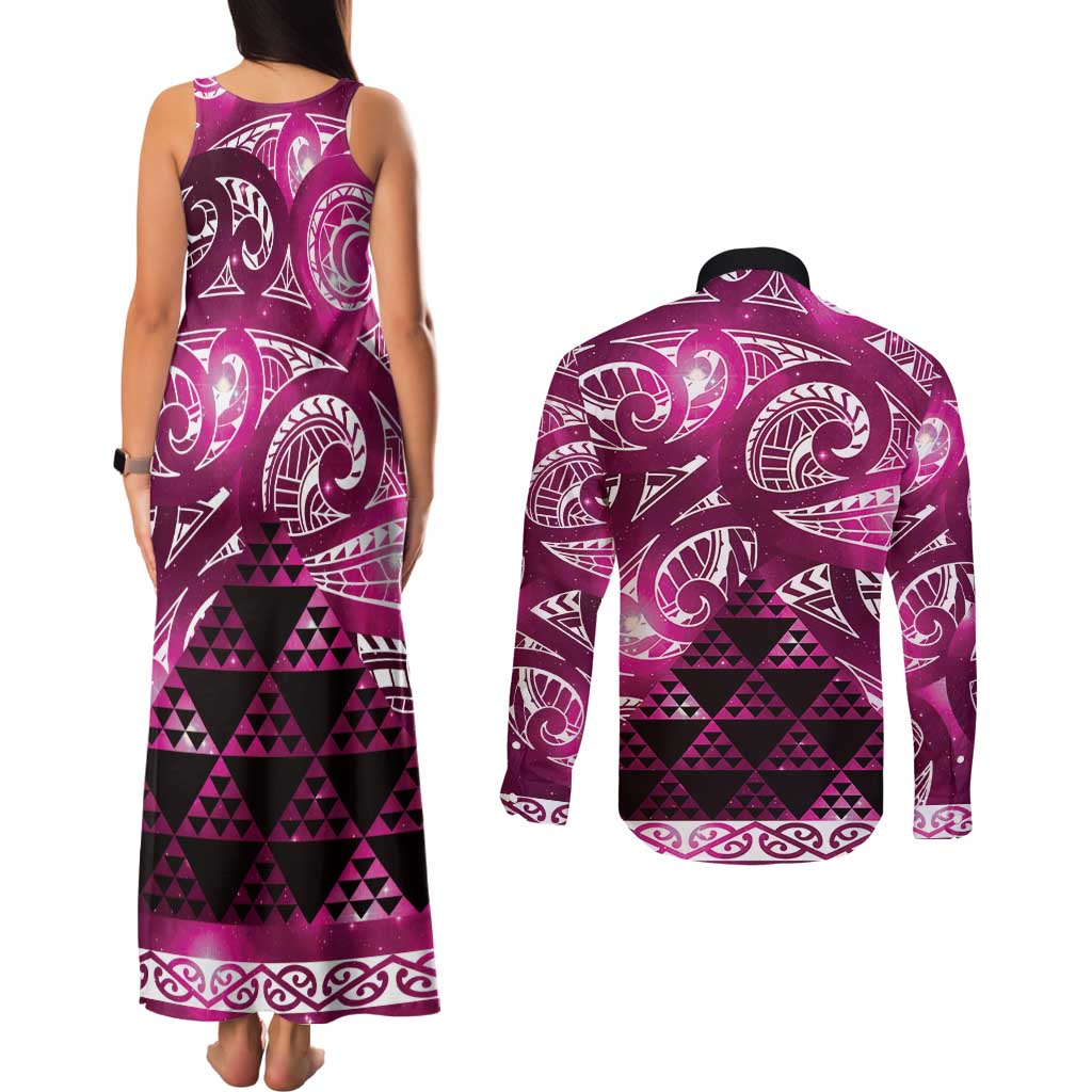 Matariki New Zealand Couples Matching Tank Maxi Dress and Long Sleeve Button Shirt NZ Niho Taniwha Maori New Year Pink Galaxy