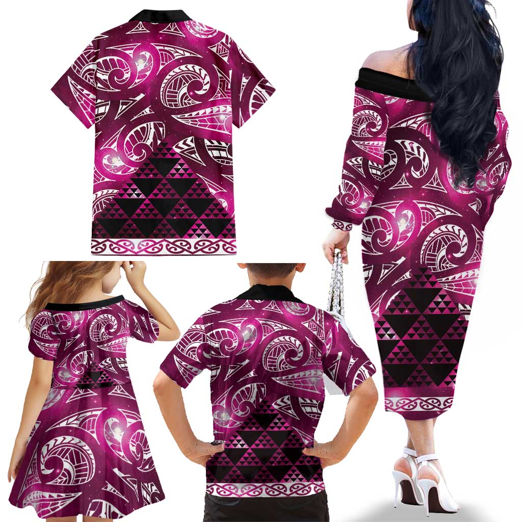 Matariki New Zealand Family Matching Off The Shoulder Long Sleeve Dress and Hawaiian Shirt NZ Niho Taniwha Maori New Year Pink Galaxy LT14 - Polynesian Pride