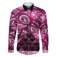 Matariki New Zealand Family Matching Off The Shoulder Long Sleeve Dress and Hawaiian Shirt NZ Niho Taniwha Maori New Year Pink Galaxy LT14 Dad's Shirt - Long Sleeve Pink - Polynesian Pride