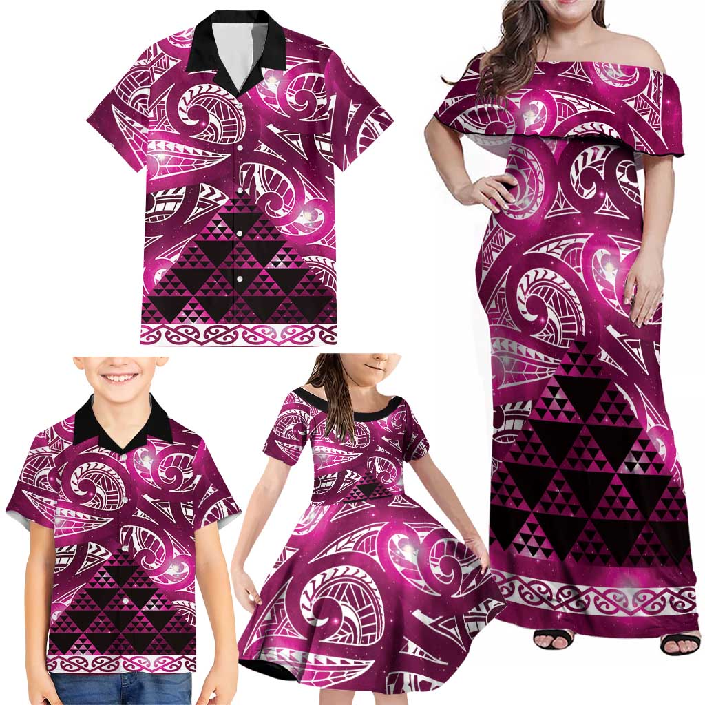 Matariki New Zealand Family Matching Off Shoulder Maxi Dress and Hawaiian Shirt NZ Niho Taniwha Maori New Year Pink Galaxy