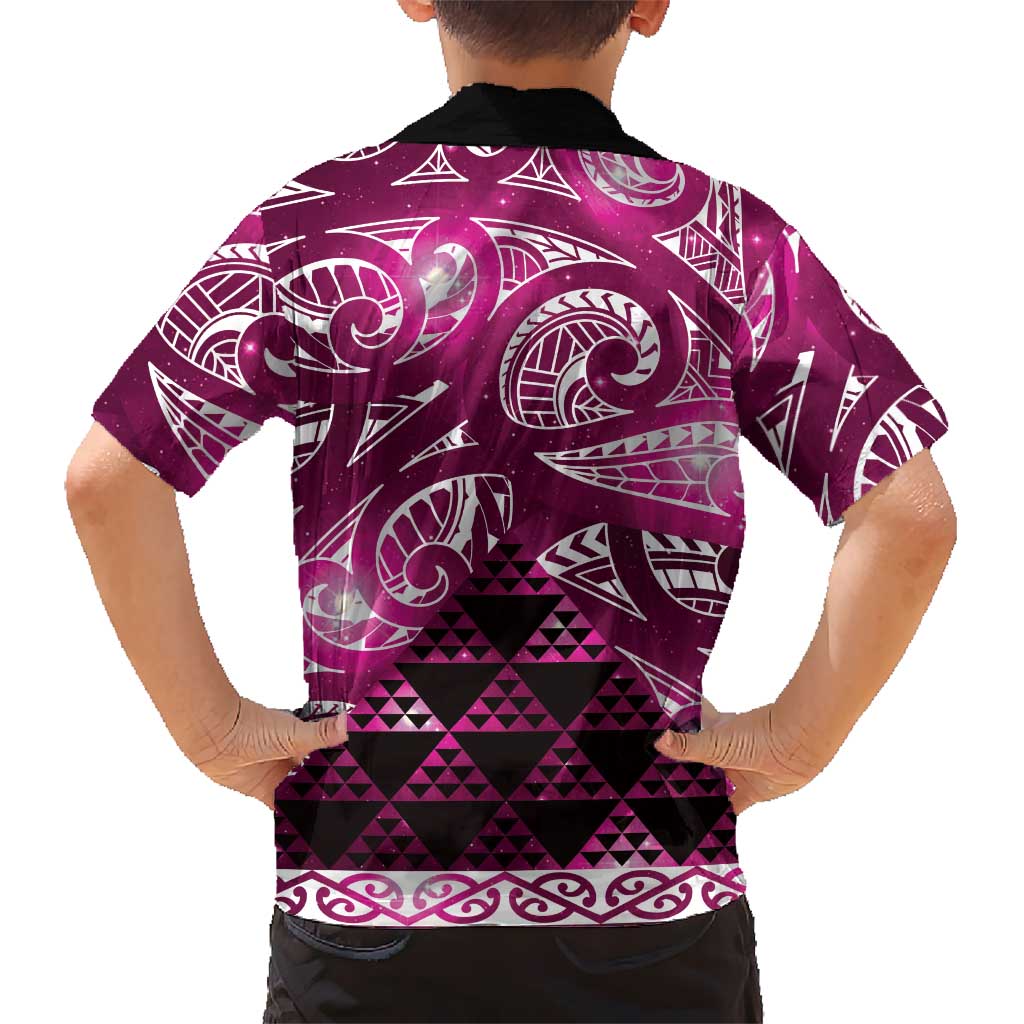 Matariki New Zealand Family Matching Off Shoulder Short Dress and Hawaiian Shirt NZ Niho Taniwha Maori New Year Pink Galaxy LT14 - Polynesian Pride