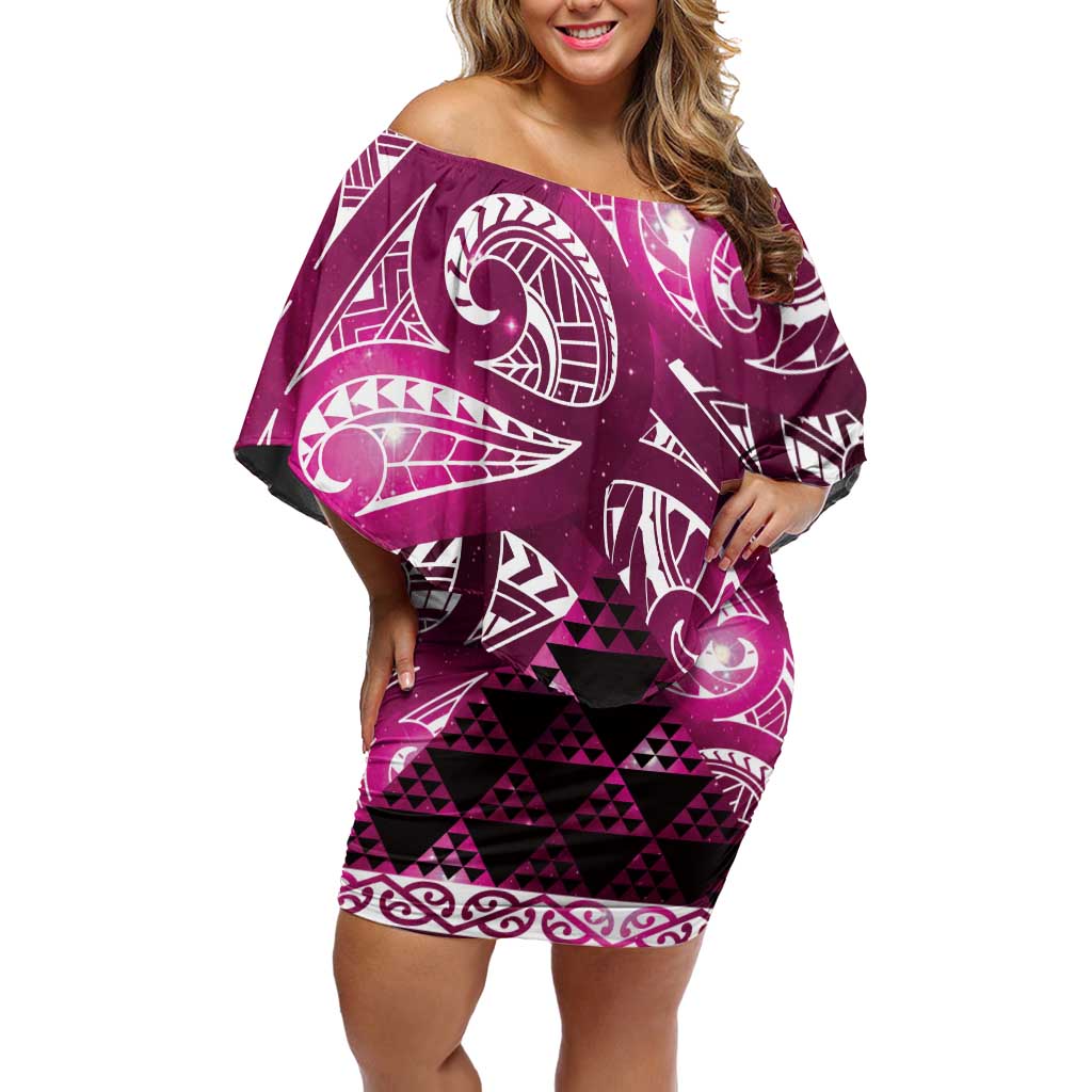 Matariki New Zealand Family Matching Off Shoulder Short Dress and Hawaiian Shirt NZ Niho Taniwha Maori New Year Pink Galaxy LT14 Mom's Dress Pink - Polynesian Pride