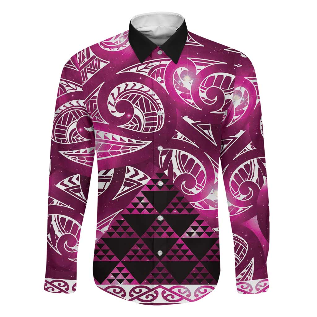 Matariki New Zealand Family Matching Puletasi and Hawaiian Shirt NZ Niho Taniwha Maori New Year Pink Galaxy LT14 Dad's Shirt - Long Sleeve Pink - Polynesian Pride