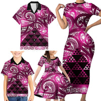 Matariki New Zealand Family Matching Short Sleeve Bodycon Dress and Hawaiian Shirt NZ Niho Taniwha Maori New Year Pink Galaxy LT14 - Polynesian Pride