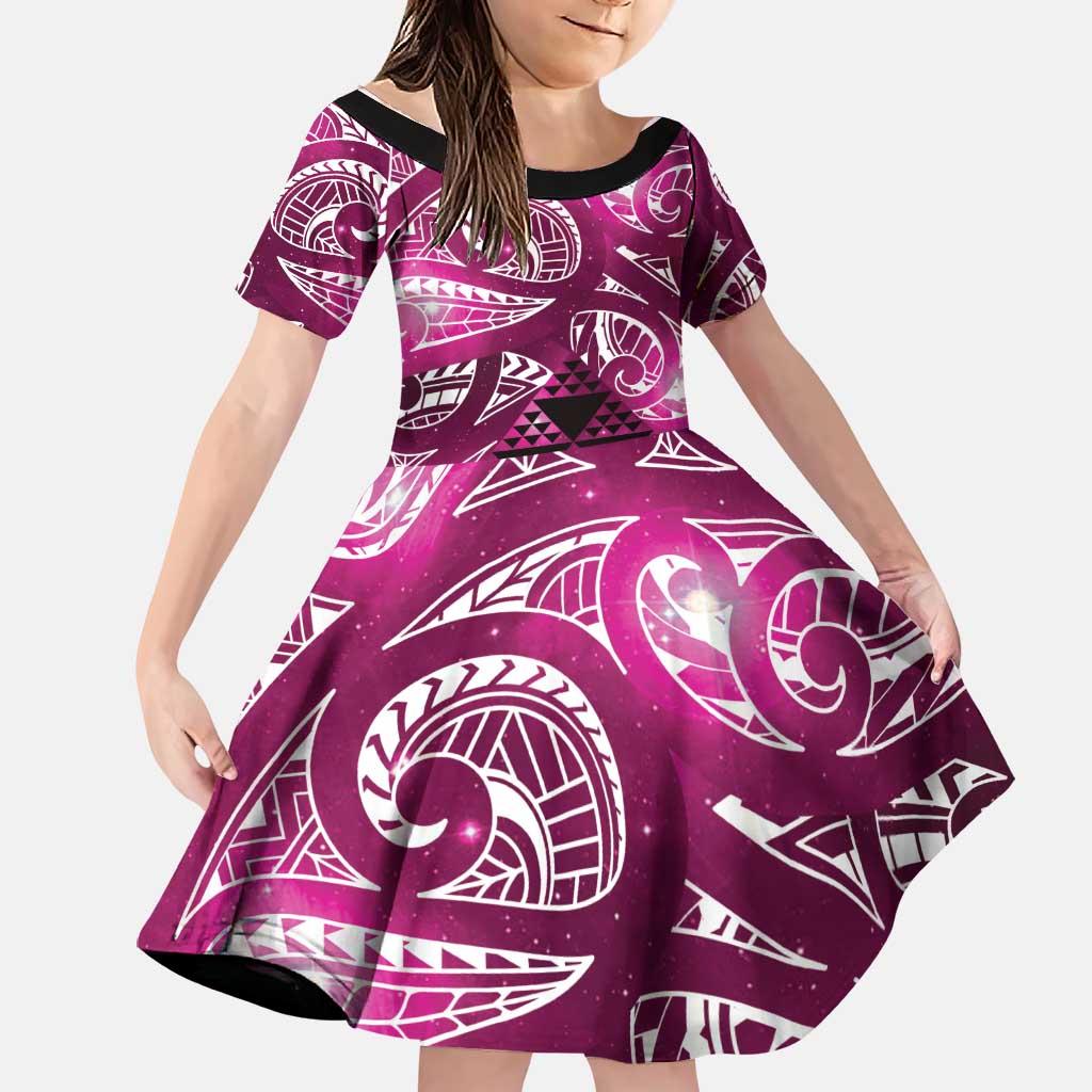 Matariki New Zealand Family Matching Summer Maxi Dress and Hawaiian Shirt NZ Niho Taniwha Maori New Year Pink Galaxy LT14 Daughter's Dress Pink - Polynesian Pride