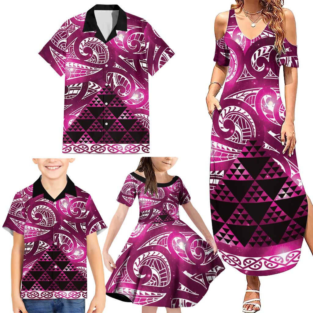 Matariki New Zealand Family Matching Summer Maxi Dress and Hawaiian Shirt NZ Niho Taniwha Maori New Year Pink Galaxy LT14 - Polynesian Pride