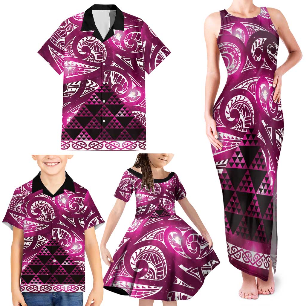 Matariki New Zealand Family Matching Tank Maxi Dress and Hawaiian Shirt NZ Niho Taniwha Maori New Year Pink Galaxy