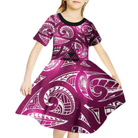 Matariki New Zealand Kid Short Sleeve Dress NZ Niho Taniwha Maori New Year Pink Galaxy LT14 - Polynesian Pride