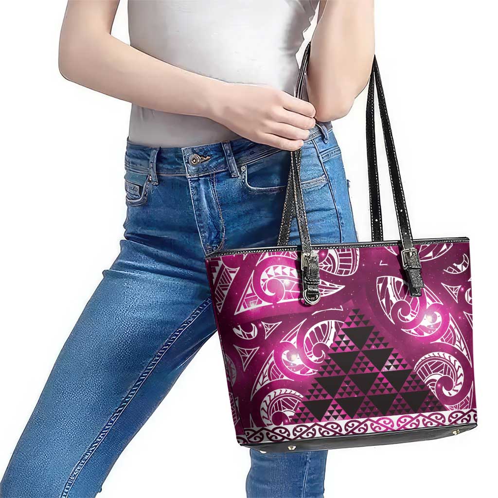 Matariki New Zealand Leather Tote Bag NZ Niho Taniwha Maori New Year Pink Galaxy LT14 - Polynesian Pride