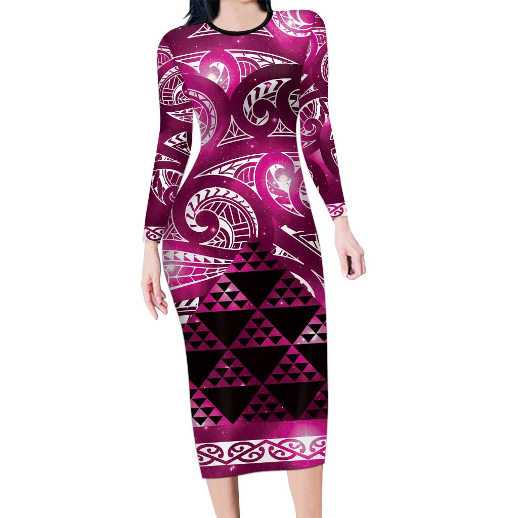 Matariki New Zealand Long Sleeve Bodycon Dress NZ Niho Taniwha Maori New Year Pink Galaxy LT14 Long Dress Pink - Polynesian Pride