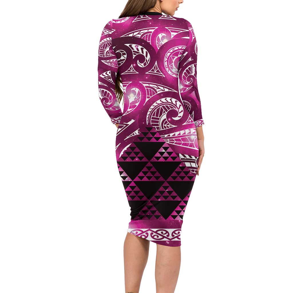 Matariki New Zealand Long Sleeve Bodycon Dress NZ Niho Taniwha Maori New Year Pink Galaxy LT14 - Polynesian Pride