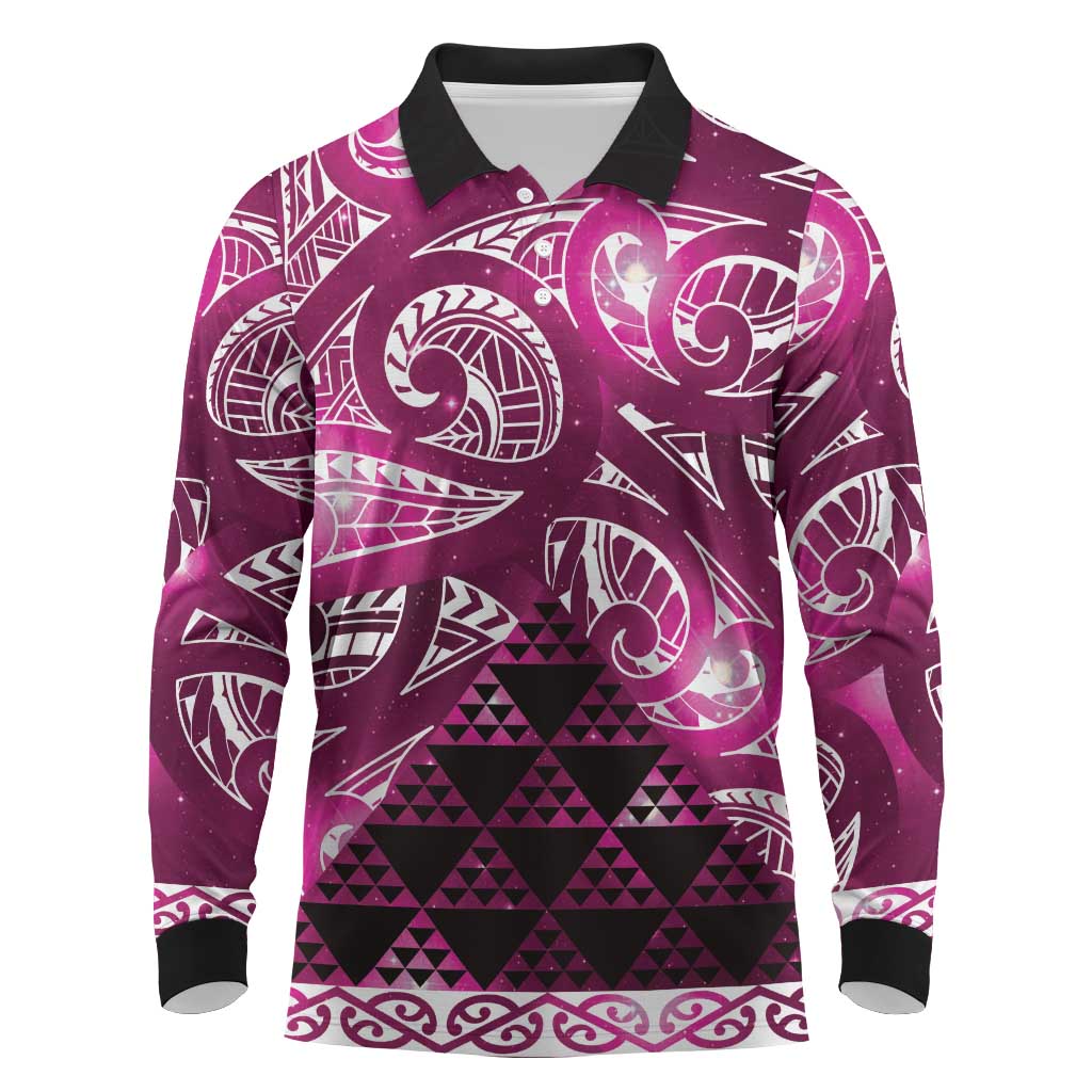 Matariki New Zealand Long Sleeve Polo Shirt NZ Niho Taniwha Maori New Year Pink Galaxy LT14 Pink - Polynesian Pride