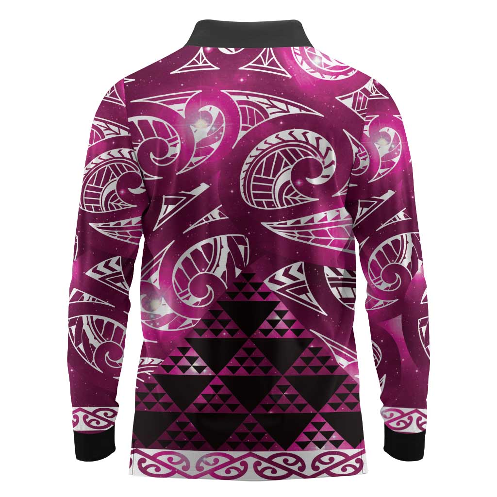 Matariki New Zealand Long Sleeve Polo Shirt NZ Niho Taniwha Maori New Year Pink Galaxy LT14 - Polynesian Pride
