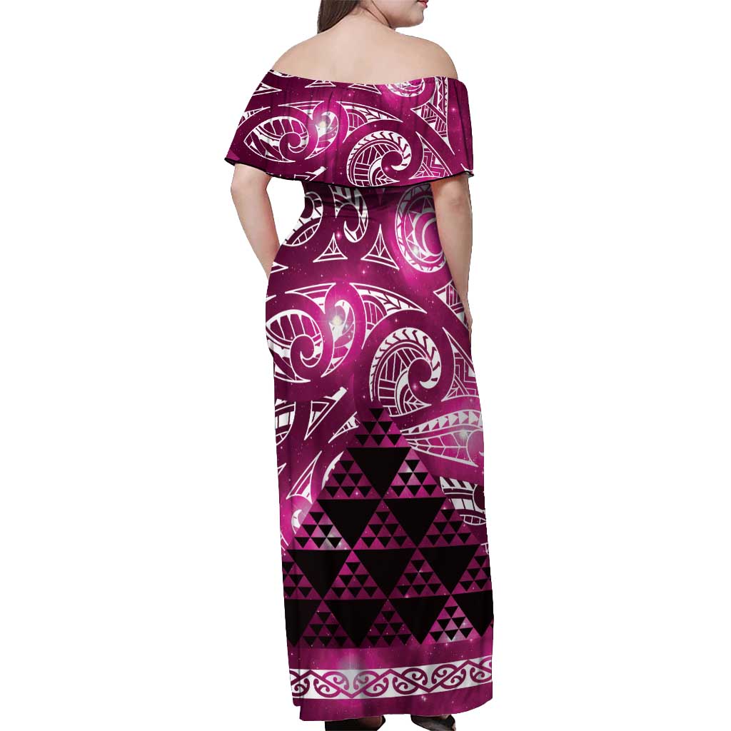 Matariki New Zealand Off Shoulder Maxi Dress NZ Niho Taniwha Maori New Year Pink Galaxy LT14 - Polynesian Pride