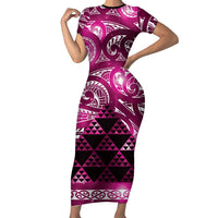 Matariki New Zealand Short Sleeve Bodycon Dress NZ Niho Taniwha Maori New Year Pink Galaxy LT14 Long Dress Pink - Polynesian Pride