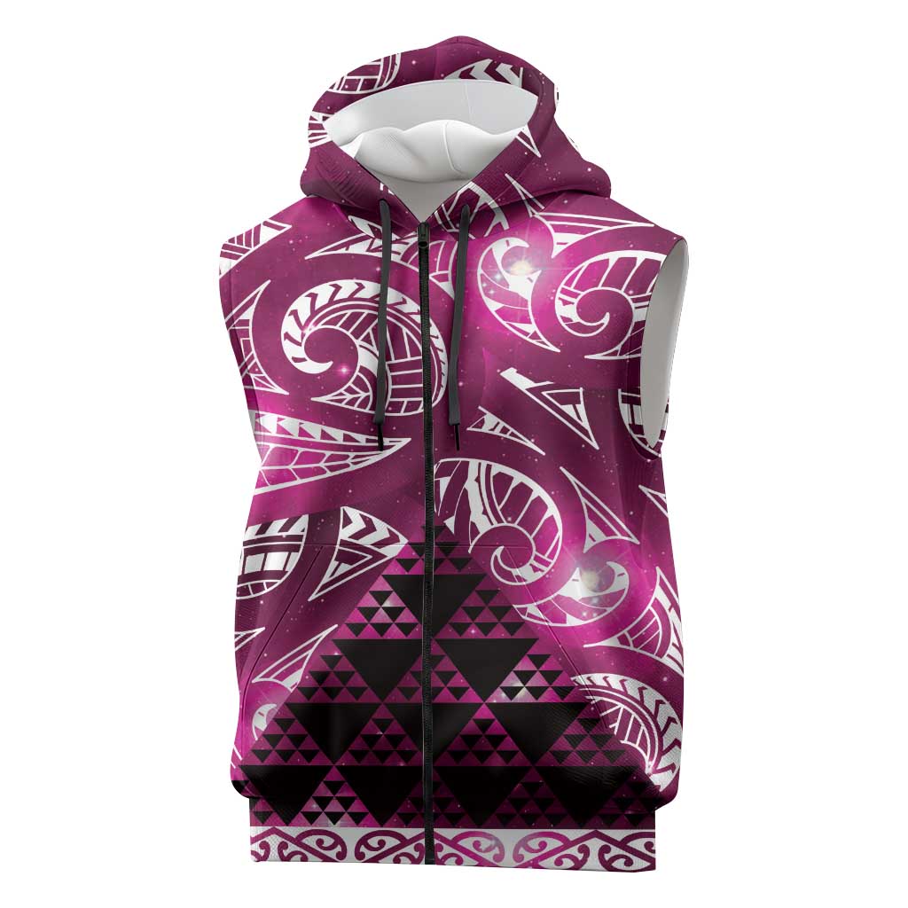 Matariki New Zealand Sleeveless Zip Hoodie NZ Niho Taniwha Maori New Year Pink Galaxy