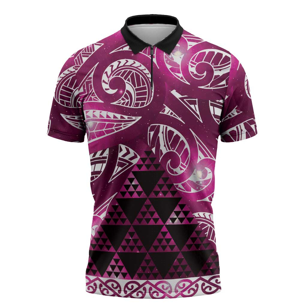 Matariki New Zealand Zipper Polo Shirt NZ Niho Taniwha Maori New Year Pink Galaxy LT14 Pink - Polynesian Pride