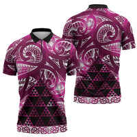 Matariki New Zealand Zipper Polo Shirt NZ Niho Taniwha Maori New Year Pink Galaxy LT14 - Polynesian Pride
