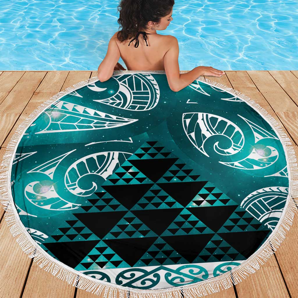 Matariki New Zealand Beach Blanket NZ Niho Taniwha Maori New Year Cyan Galaxy