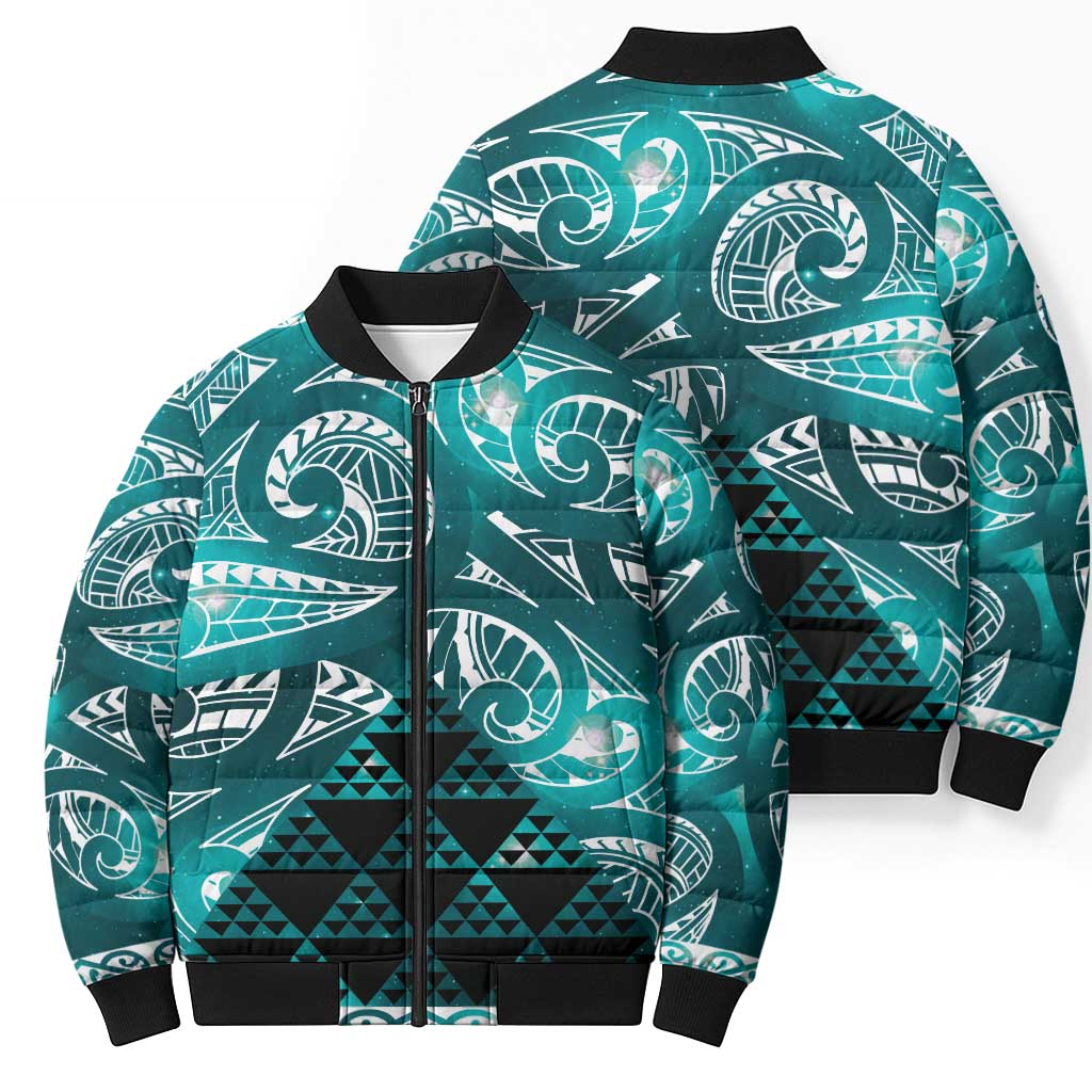 Matariki New Zealand Bomber Puffer Jacket NZ Niho Taniwha Maori New Year Cyan Galaxy
