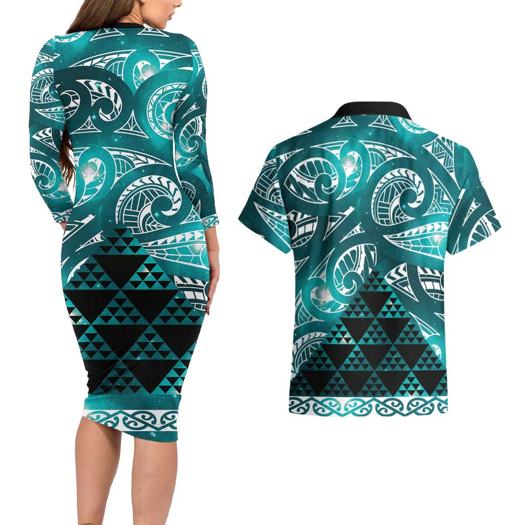 Matariki New Zealand Couples Matching Long Sleeve Bodycon Dress and Hawaiian Shirt NZ Niho Taniwha Maori New Year Cyan Galaxy LT14 - Polynesian Pride
